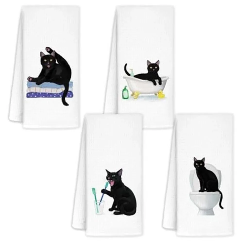 Black Cat Hand Towels for Bathroom Set of 4 - Cat Hand Towels for Cat Lovers